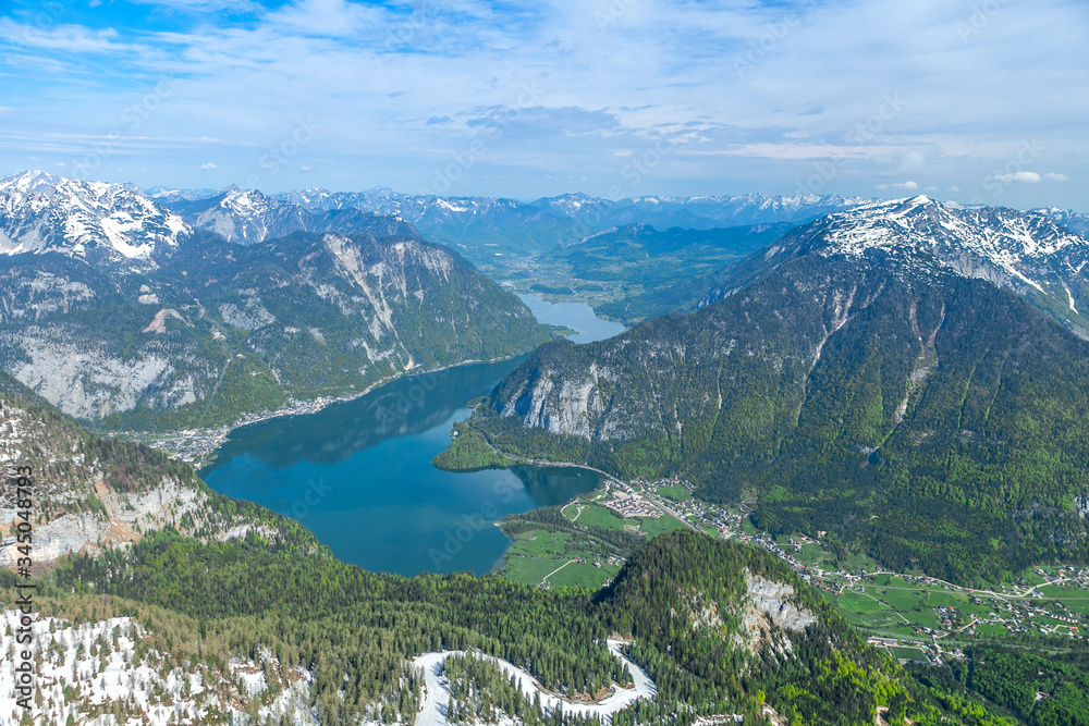 View of the Alps and Hallstatter Lake from the top of Krippenstein, Dachstein, Austria.