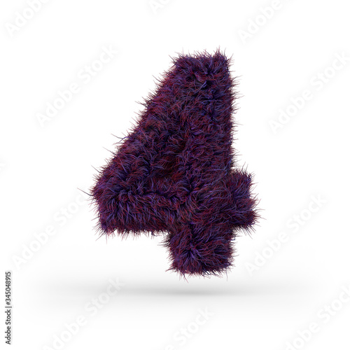 Number 4. Digital sign. Purple fluffy and furry font. 3D