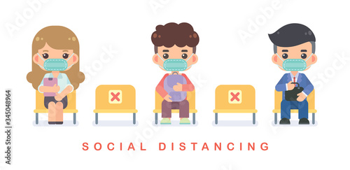 Social distancing concept. The cute people wear the protective masks, sitting on row of chairs and keeping distance to protect from COVID-19 Coronavirus. Vector flat design illustration.
