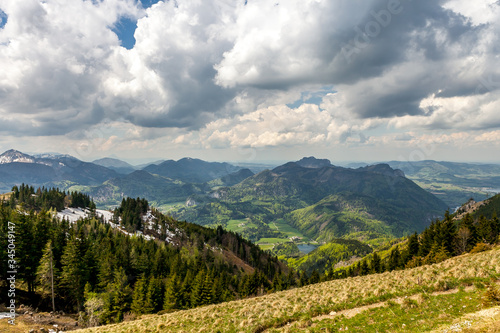 Panoramic view of the Alps from the top of Schafberg mountain in Austria.