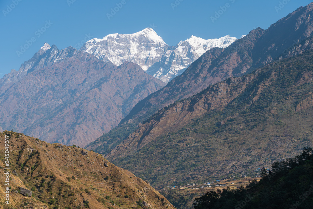 Saula mountain peak view from Manaslu circuit trekking route in Himalaya mountains range in Nepal
