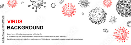 Horizontal virus banner with hand drawn design elements. Microscope virus close up. Vector illustration in sketch style. COVID-2019