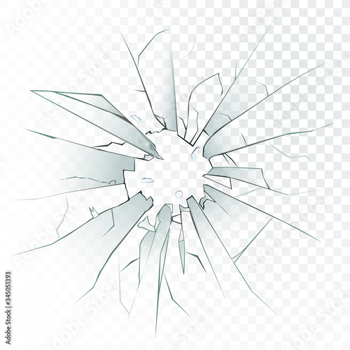 High detailed realistic broken glass isolated on transparent background. With cracks and bullet marks. Vector illustration.