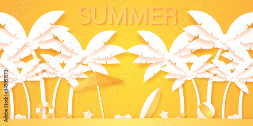Summer time, coconut palm tree with summer stuff, paper art style