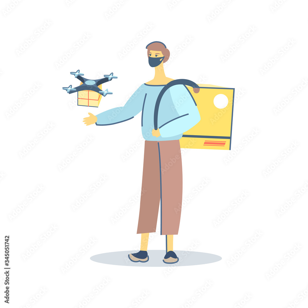Courier in a medical protective mask, drone quadrocopter