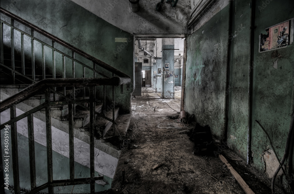 Old staircase in a scary abandoned empty building Old staircase in a scary abandoned empty building