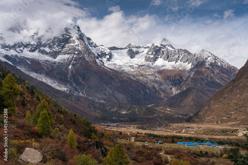 Beautiful mountains landscape and Samagaun village in Manaslu circuit trek, Himalaya mountains range in Nepal