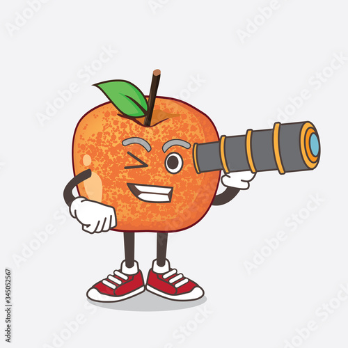 Pluots Fruit cartoon mascot character using a monocular