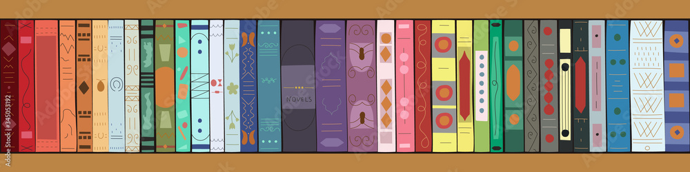 Wooden bookcase with books. Bookshelves with multicolored books. Vector illustration in flat style. Horizontal banner - obrazy, fototapety, plakaty 