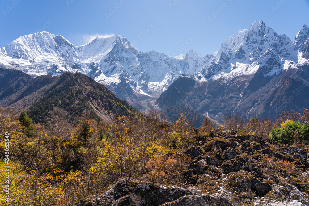 Himalaya mountains landscape view from Bimthang village in Manaslu circuit trekking route in Nepal