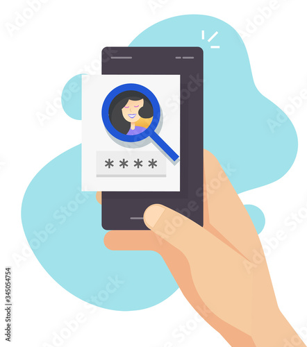 Face identification id on mobile phone smartphone or web facial recognition security and password login protection vector flat, personal identity detection verification scan, biometric security tech
