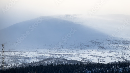 Winter landscape with foggy snowy mountains.