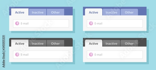Tabs ui design or tabbed menu website template set vector flat style illustration mockup, web navigation interface element bar collection or box blue and black color on window form image