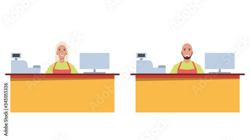 A set of cashiers / shop assistants or cafe / diner workers. Working staff. Flat style. Vector illustration. 