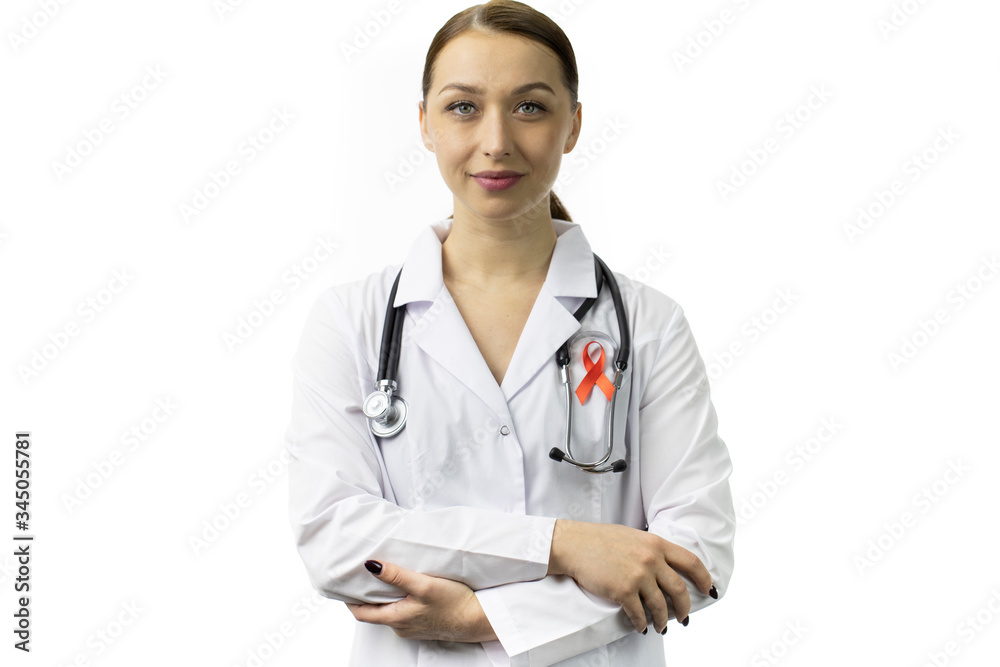 30s Female doctor with red ribbon for AIDS HIV awareness on white background isolated. Symbol of awareness, charity, support in disease, health care, help and hope. Sign of medicine campaign 30s Female doctor with red ribbon for AIDS HIV awareness on white background isolated. Symbol of awareness, charity, support in disease, health care, help and hope. Sign of medicine campaign