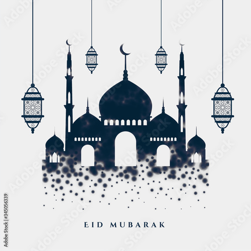 islamic eid mubarak stylish greeting with mosque and lamps