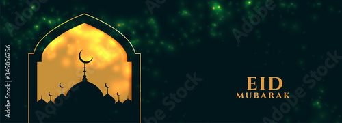 eid mubarak golden banner with mosque design
