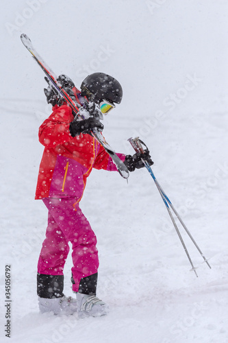 Snow skiers in the midst of heavy snow in Japan