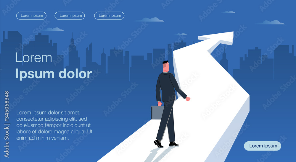 In dark colors. The right way. A businessman with a briefcase follows the arrow of a growing chart. City on the background. Business vector concept illustration. In dark colors. The right way. A businessman with a briefcase follows the arrow of a growing chart. City on the background. Business vector concept illustration.
