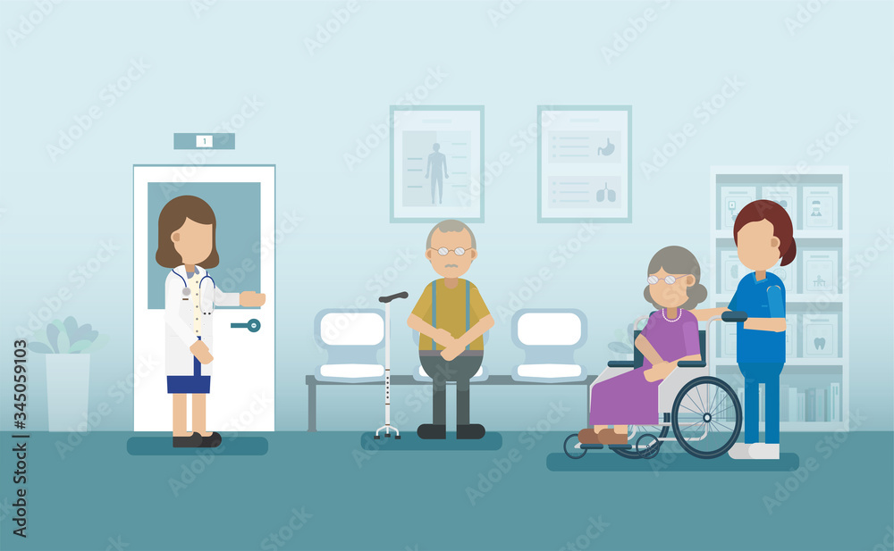 Elder care concept with medical staffs take care of elder patient vector illustration