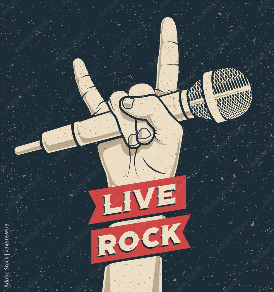 Rock hand gesture holding microphone with live rock caption. Rock and roll  music live concert or party poster or flyer concept template design.  Vintage styled vector illustration. Stock-Vektorgrafik | Adobe Stock