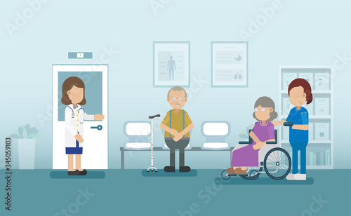 Elder care concept with medical staffs take care of elder patient vector illustration