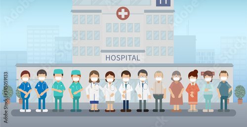 Group of doctors with patients wear masks flat design vector illustration