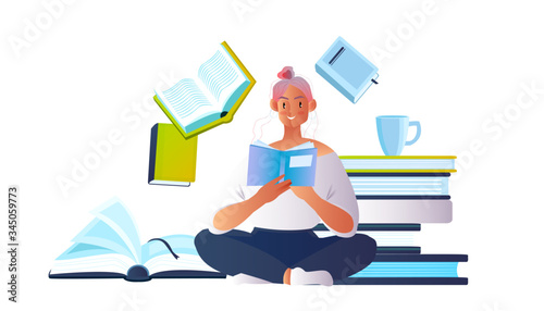 Young cute female character reading book at home. Beautiful woman in lotus position surrounded by books. Love reading concept isolated on white in flat style. Vector illustration with cheerful student