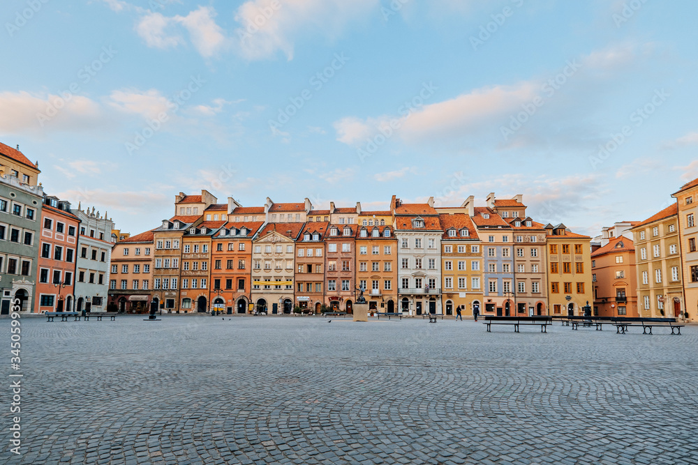 Old town square in Warsaw in spring day. Empty streets, no people