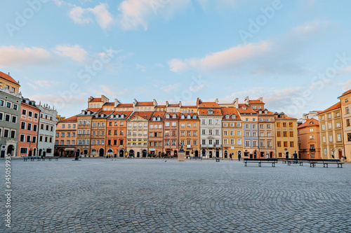 Old town square in Warsaw in spring day. Empty streets, no people