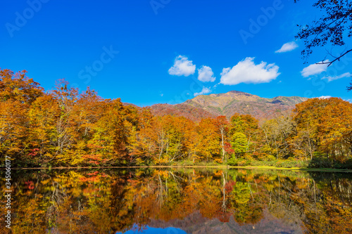 鏡池と三ノ峰と紅葉 (日本 - 福井 - 鏡池)