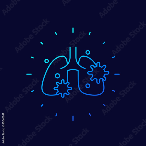 pneumonia line icon with virus and lungs, vector