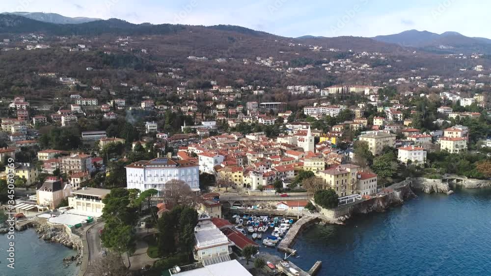 Town of Lovran and Lungomare sea walkway aerial footage, Kvarner bay of Croatia Town of Lovran and Lungomare sea walkway aerial footage, Kvarner bay of Croatia