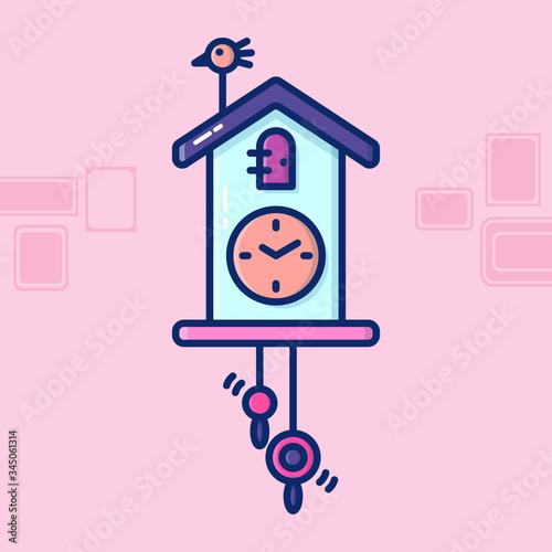 Illustration of Retro clock, filled with pastel color. A clock in the shape of a house, with a swinging pendulum
