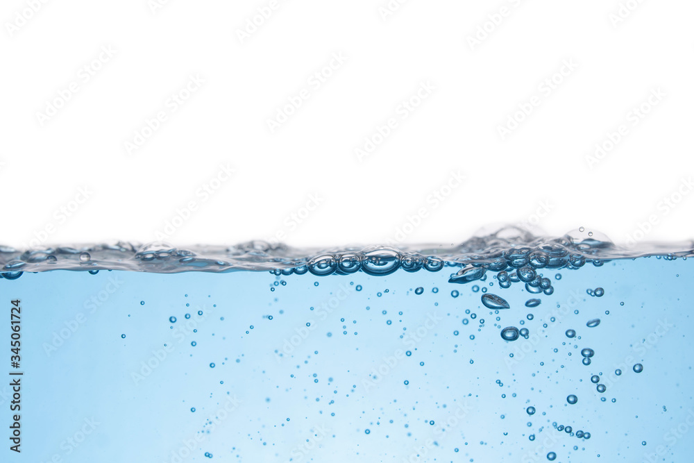 Clean light blue water wave and bubbles air isolated on white background Clean light blue water wave and bubbles air isolated on white background
