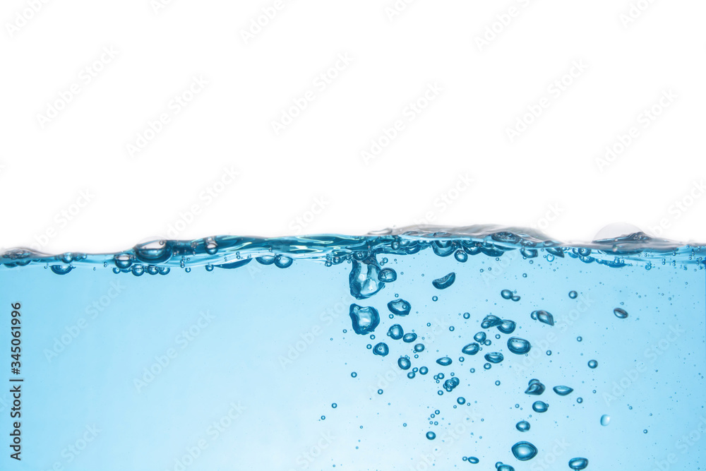 Clean light blue water wave and bubbles air isolated on white background Clean light blue water wave and bubbles air isolated on white background
