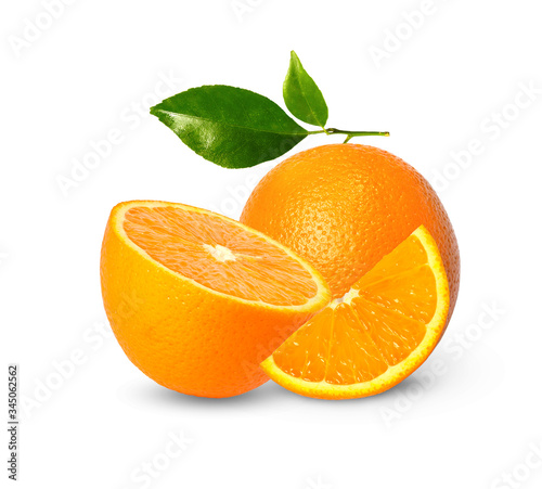 Orange fruit healthy food  orange slices and leaves isolated on white background The peel is yellow-orange  sweet and sour fruit. 