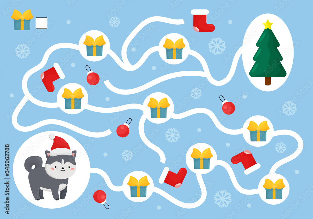 Christmas educational game for preschool children. Help the husky dog collect all presents. Happy New Year worksheet. Cute kawaii dog character. Count and write. Christmas educational game for preschool children. Help the husky dog collect all presents. Happy New Year worksheet. Cute kawaii dog character. Count and write.