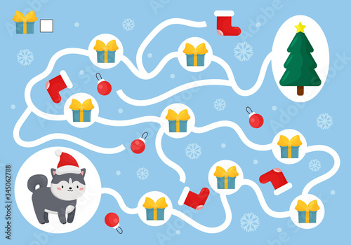 Christmas educational game for preschool children. Help the husky dog collect all presents. Happy New Year worksheet. Cute kawaii dog character. Count and write.