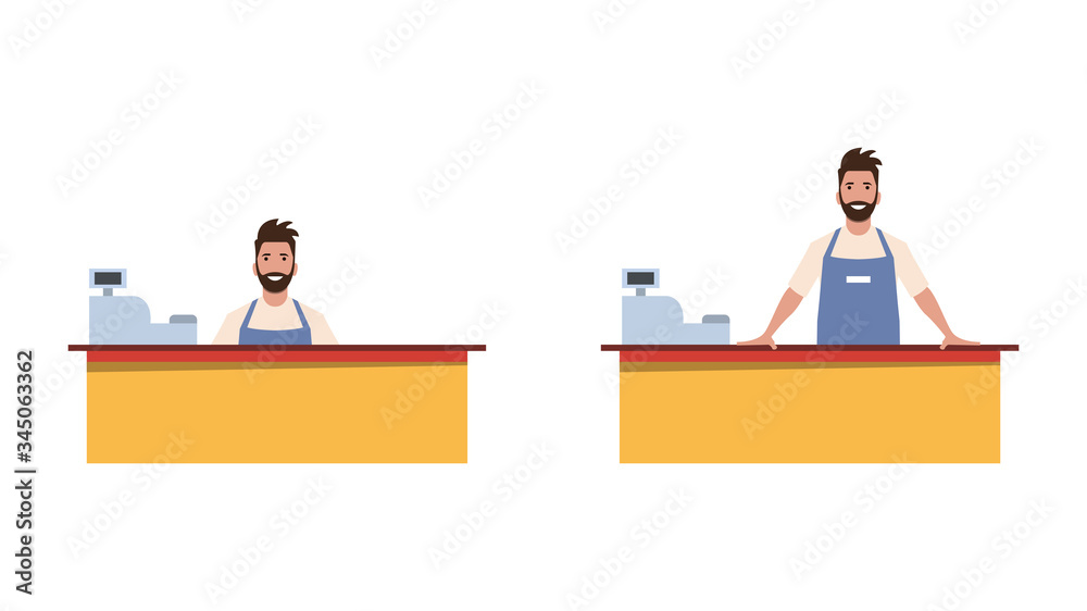 Cashier / seller or employee of a cafe / diner. Working staff. Flat style vector illustration.
Cashier / seller or employee of a cafe / diner. Working staff. Flat style vector illustration.