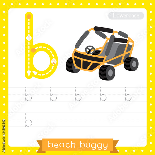 Letter B lowercase tracing practice worksheet. Beach Buggy