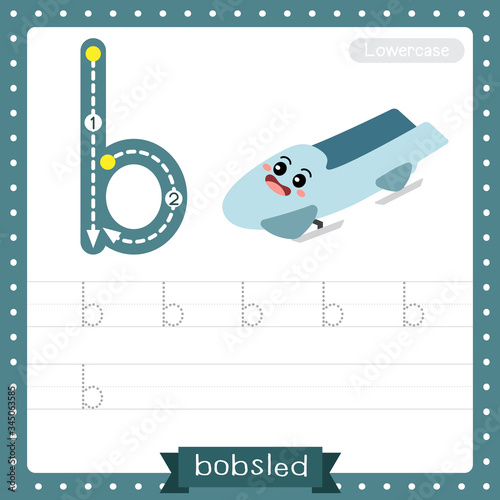 Letter B lowercase tracing practice worksheet. Bobsled
