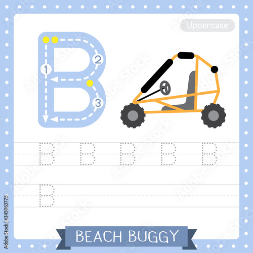 Letter B uppercase tracing practice worksheet. Beach Buggy