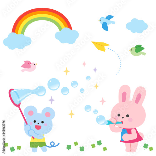Rabbit and mouse playing with soap bubbles Rainbow and little bird