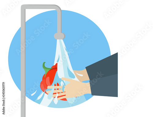 Wash fruits and vegetables. hands hold pepper under the tap of water. washing food. Vector illustration flat design. Personal hygiene. Disinfection, antibacterial.