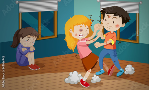 Domestic violence scene with people fighting at home