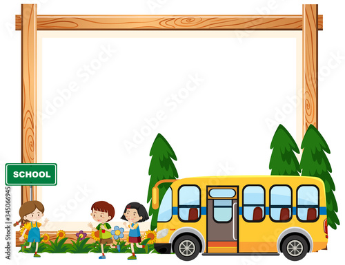 Border template design with kids riding on school bus