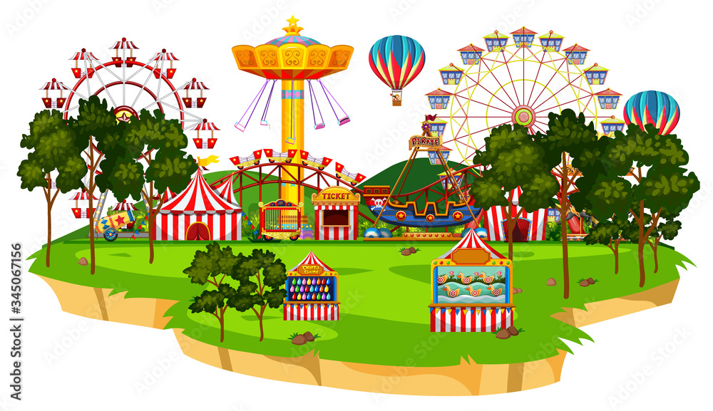 Scene with many rides in the circus park Scene with many rides in the circus park