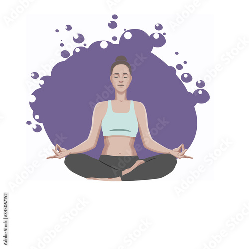 An young woman practicing yoga, sitting in a lotus position and meditating against a purple sphere with bubbles. Vector illustration.