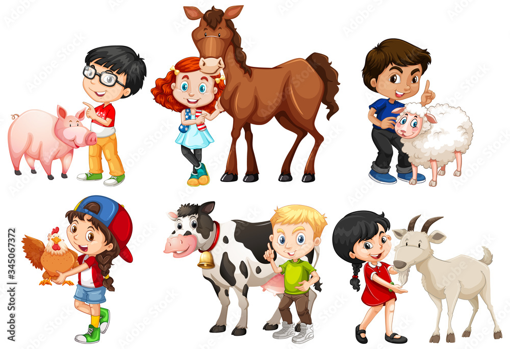 Happy children with farm animals on white background Happy children with farm animals on white background